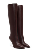 Women's Burgundy Zippered High Thin Heeled Leather Boot | Derimod