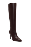 Women's Burgundy Zippered High Thin Heeled Leather Boot | Derimod