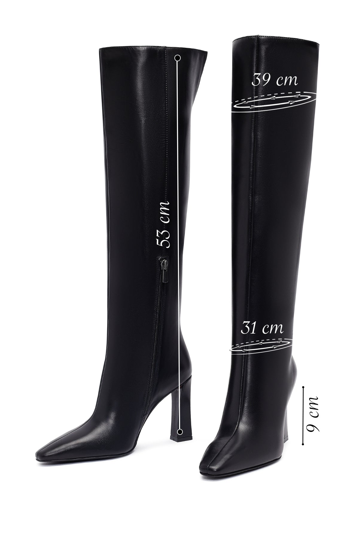 Kadın Siyah Fermuarlı Yüksek Kalın Topuklu Deri Çizme