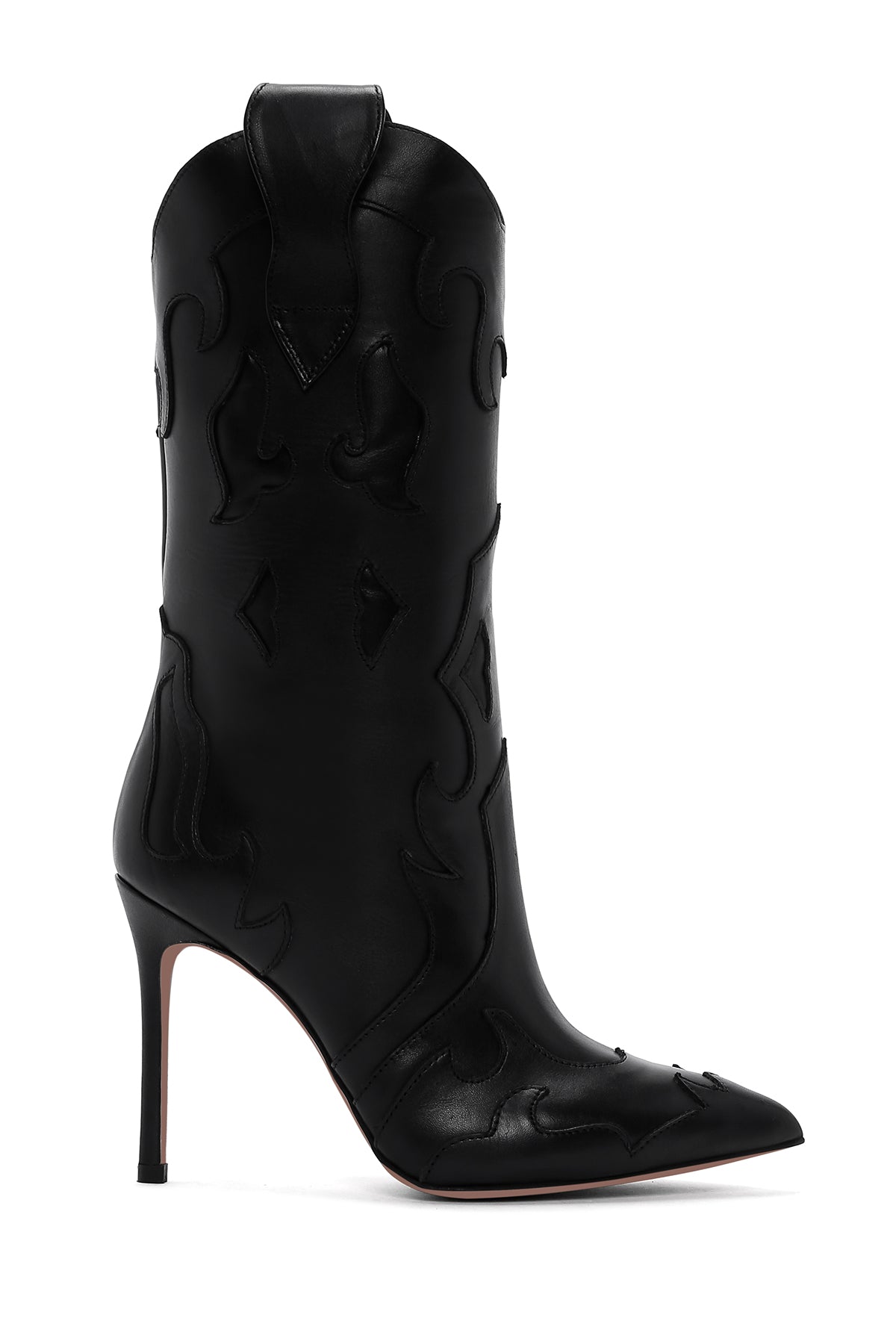 Women's Black Patterned Thin Heeled Leather Boot 25WFD120418 | Derimod