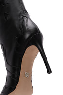 Women's Black Patterned Thin Heeled Leather Boot | Derimod