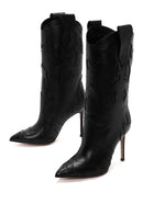 Women's Black Patterned Thin Heeled Leather Boot | Derimod