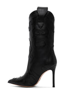 Women's Black Patterned Thin Heeled Leather Boot | Derimod