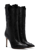 Women's Black Patterned Thin Heeled Leather Boot | Derimod