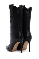 Women's Black Patterned Thin Heeled Leather Boot | Derimod