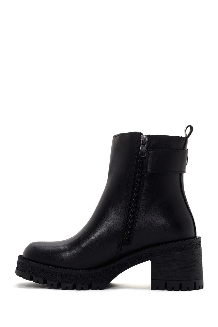 Woman Black Zippered Chunky Heels Leather Boat
