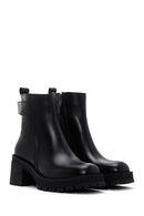 Woman Black Zippered Chunky Heels Leather Boat | Derimod