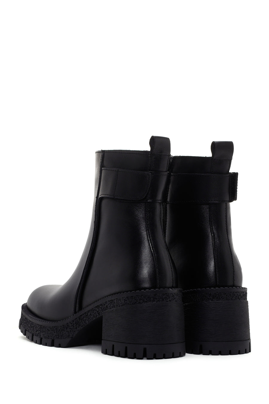 Woman Black Zippered Chunky Heels Leather Boat