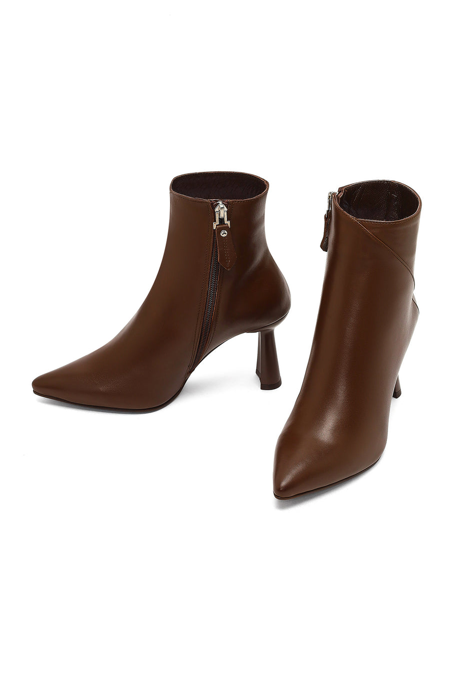 Woman Brown Zippered Thin Heeled Leather Boot