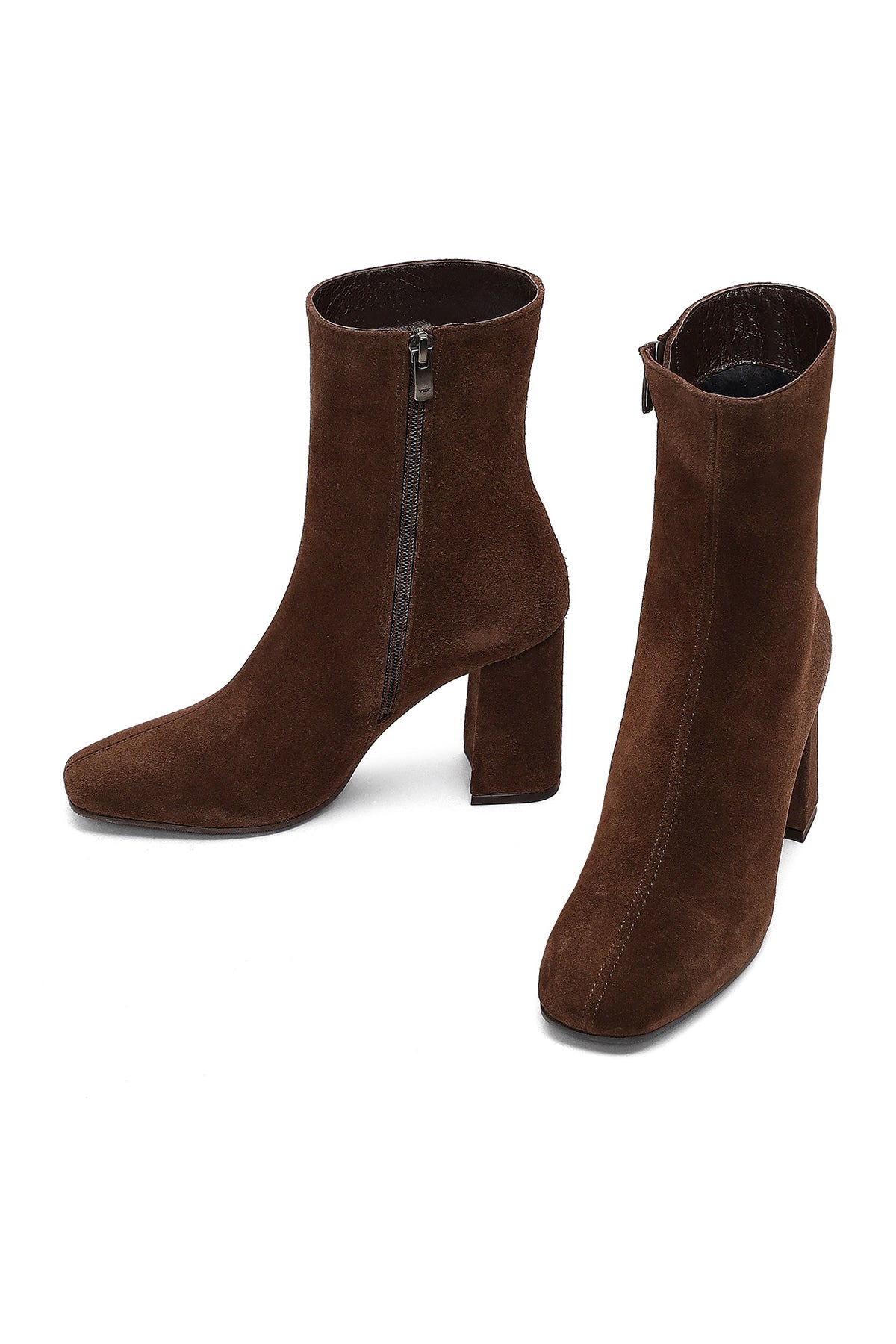 Kadın Kahverengi Fermuarlı Kalın Topuklu Süet Deri Bot
