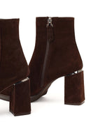 Kadın Kahverengi Fermuarlı Süet Deri Kalın Topuklu Bot | Derimod