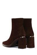 Kadın Kahverengi Fermuarlı Süet Deri Kalın Topuklu Bot | Derimod