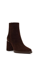 Kadın Kahverengi Fermuarlı Süet Deri Kalın Topuklu Bot | Derimod