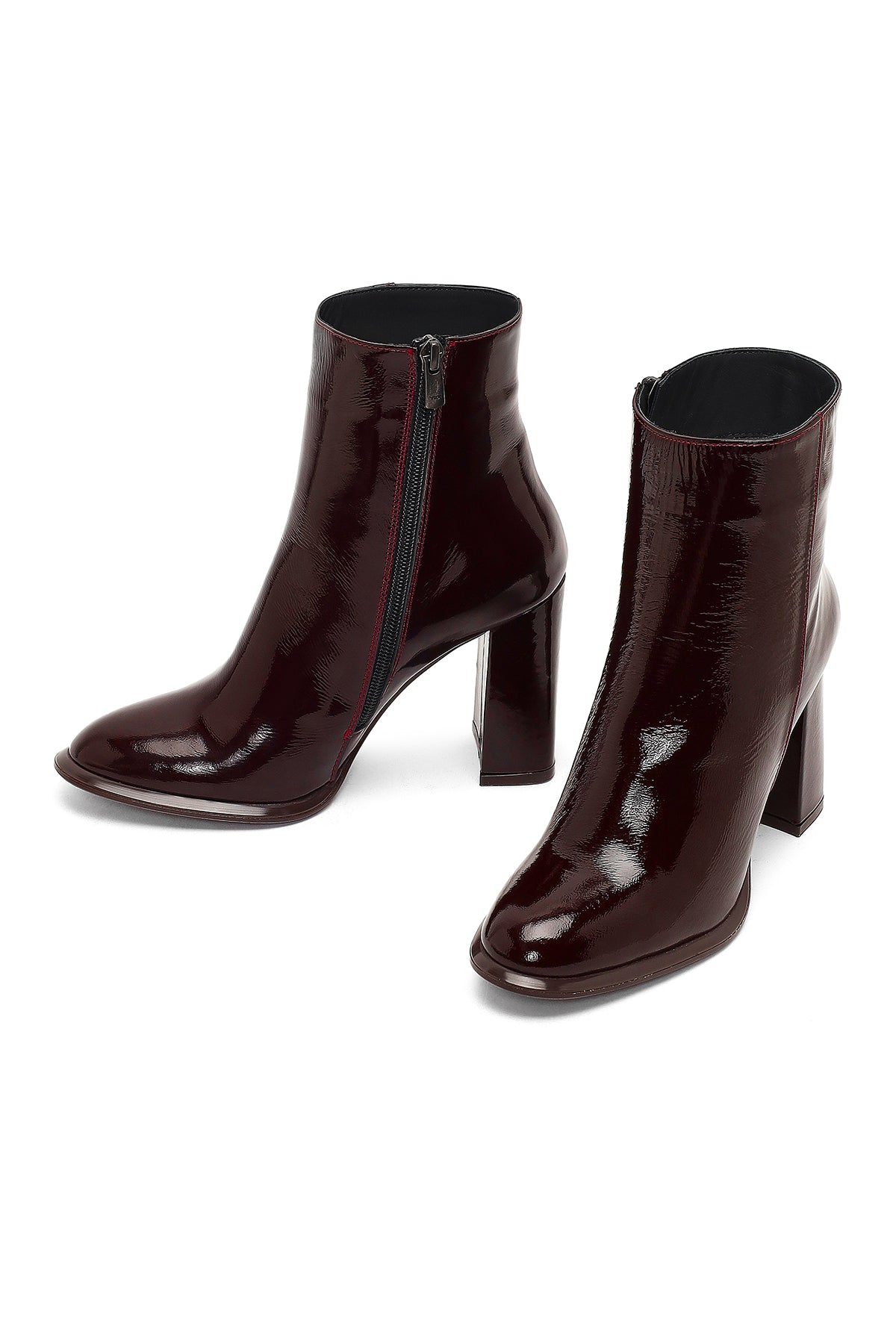 Kadın Bordo Fermuarlı Yüksek Kalın Topuklu Rugan Deri Bot