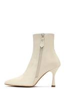 Kadın Krem Fermuarlı İnce Topuklu Deri Bot | Derimod