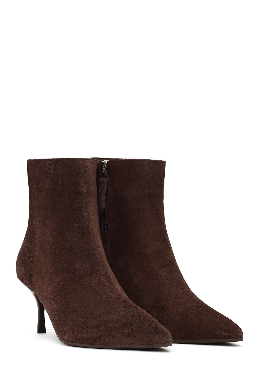 Women's Brown Zippered Thin Heeled Suede Leather Boot