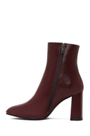 Women's Burgundy Zippered Thick High Heel Leather Boot | Derimod