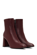 Women's Burgundy Zippered Thick High Heel Leather Boot | Derimod