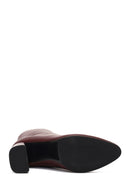 Women's Burgundy Zippered Thick High Heel Leather Boot | Derimod