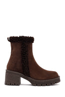 Woman Brown Zippered Chunky Heel Suede Leather Boat | Derimod
