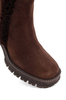 Woman Brown Zippered Chunky Heel Suede Leather Boat | Derimod
