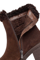 Woman Brown Zippered Chunky Heel Suede Leather Boat | Derimod