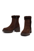 Woman Brown Zippered Chunky Heel Suede Leather Boat | Derimod