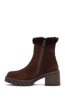 Woman Brown Zippered Chunky Heel Suede Leather Boat | Derimod