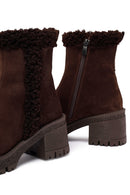 Woman Brown Zippered Chunky Heel Suede Leather Boat | Derimod