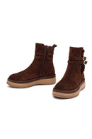 Kadın Kahverengi Fermuarlı Süet Deri Teddy Bot | Derimod