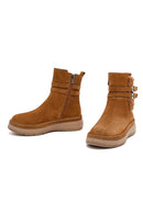 Kadın Taba Fermuarlı Süet Deri Teddy Bot | Derimod