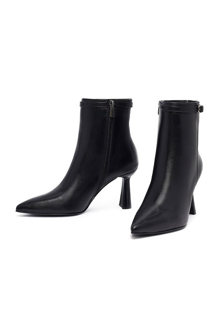 Women's Black Zippered Thin Heeled Leather Boot