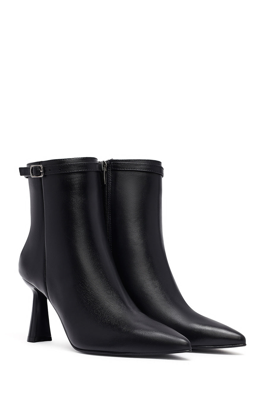 Women's Black Zippered Thin Heeled Leather Boot