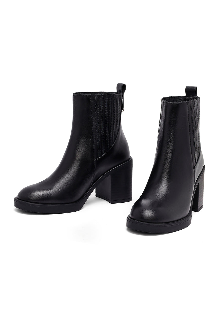 Woman Black Chunky Heels Leather Chelsea Boots