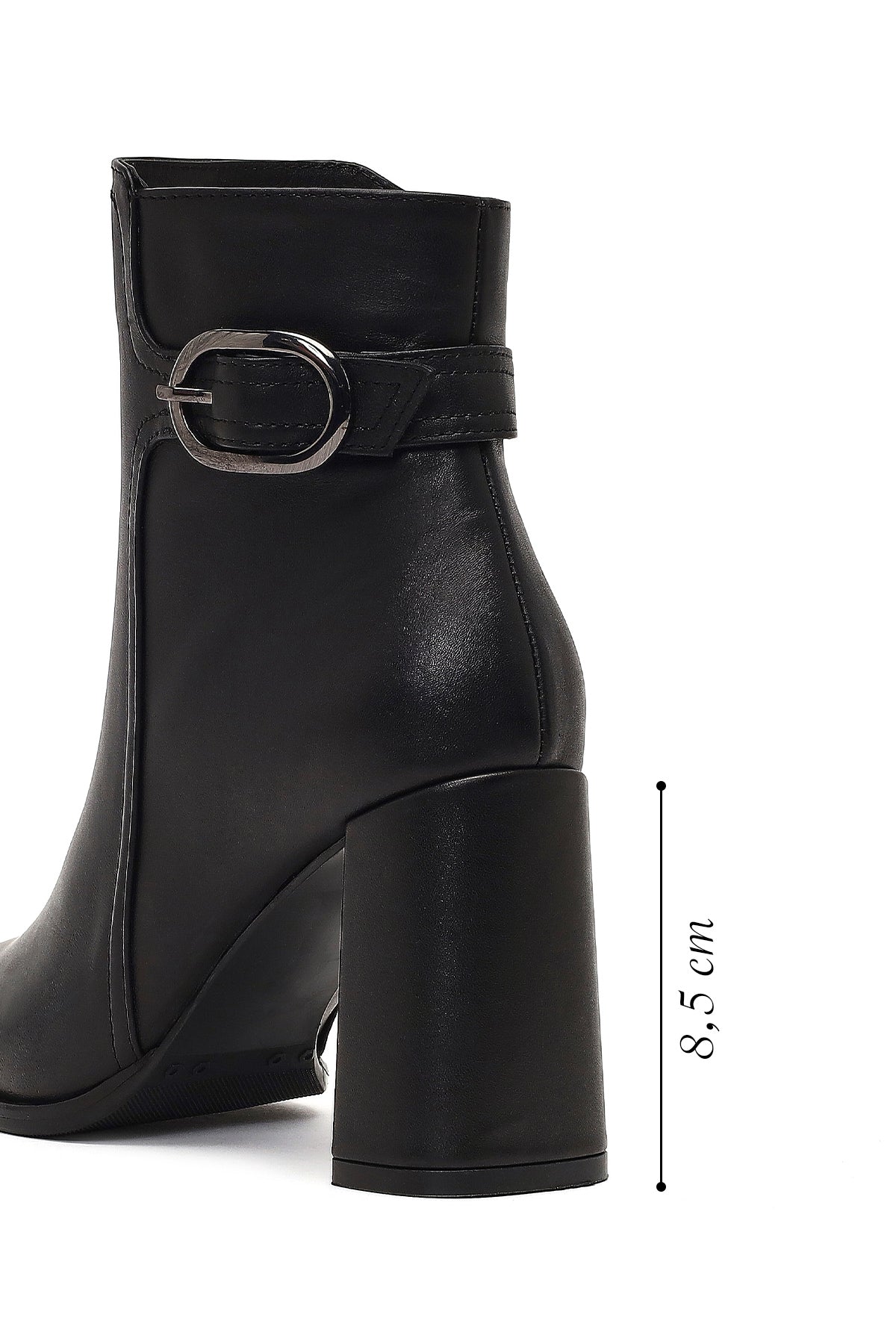 Kadın Siyah Tokalı Fermuarlı Kalın Topuklu Deri Bot