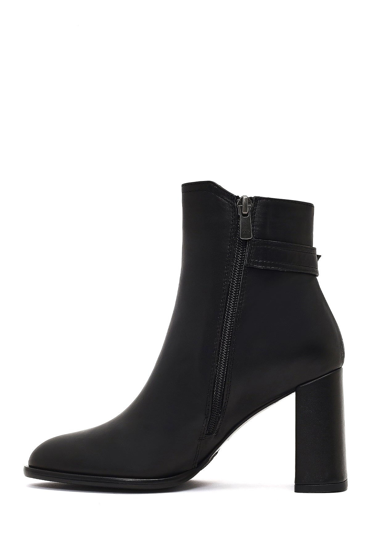 Kadın Siyah Tokalı Fermuarlı Kalın Topuklu Deri Bot