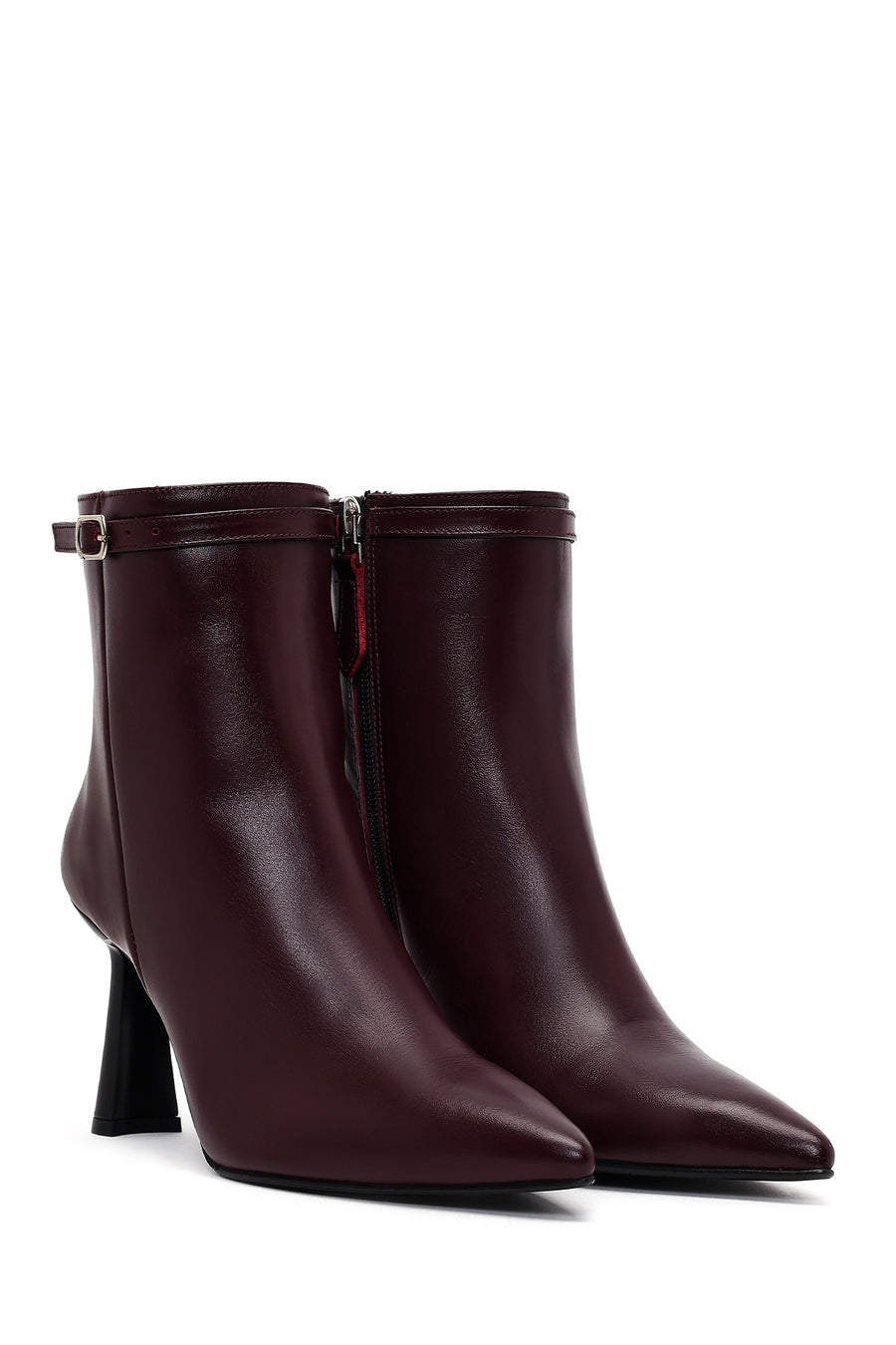 Women's Burgundy Zip-Up Leather Heeled Boots