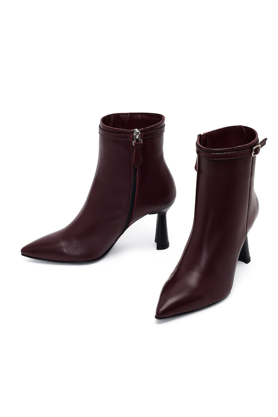 Women's Burgundy Zip-Up Leather Heeled Boots