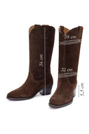 Woman Brown Chunky Heel Suede Leather Cowboy Boots | Derimod