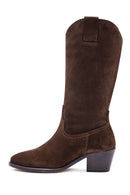 Woman Brown Chunky Heel Suede Leather Cowboy Boots | Derimod