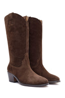 Woman Brown Chunky Heel Suede Leather Cowboy Boots | Derimod