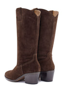 Woman Brown Chunky Heel Suede Leather Cowboy Boots | Derimod