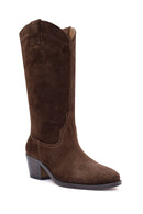 Woman Brown Chunky Heel Suede Leather Cowboy Boots | Derimod