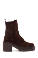 Women's Brown Zippered Thick Heeled Suede Leather Ankle Boots | Derimod