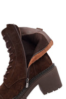 Women's Brown Zippered Thick Heeled Suede Leather Ankle Boots | Derimod