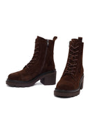 Women's Brown Zippered Thick Heeled Suede Leather Ankle Boots | Derimod