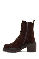 Women's Brown Zippered Thick Heeled Suede Leather Ankle Boots | Derimod