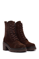 Women's Brown Zippered Thick Heeled Suede Leather Ankle Boots | Derimod