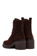 Women's Brown Zippered Thick Heeled Suede Leather Ankle Boots | Derimod