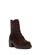 Women's Brown Zippered Thick Heeled Suede Leather Ankle Boots | Derimod